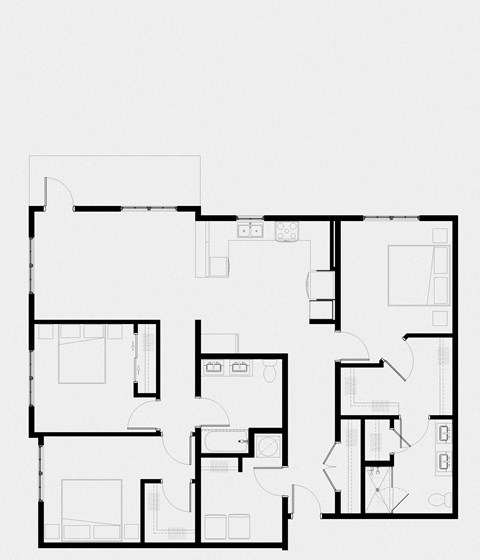 A black and white image of a floor plan with multiple rooms.